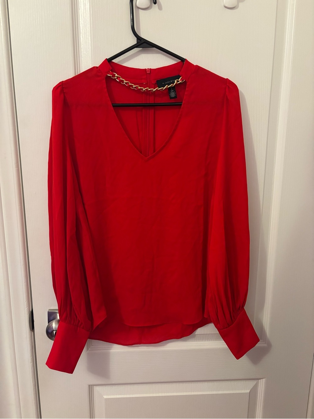 Halston Heritage Red V-Neck Long Sleeve Blouse with Chain Trim